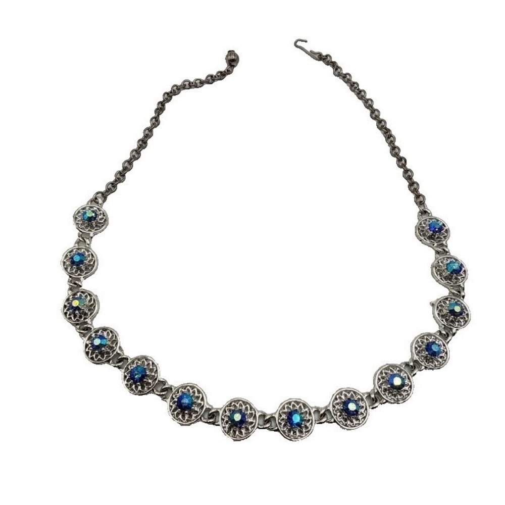 Vintage Dark Blue Aurora Borealis Rhinestone Silver Tone Filagree Necklace 17.5" - Picture 2 of 15